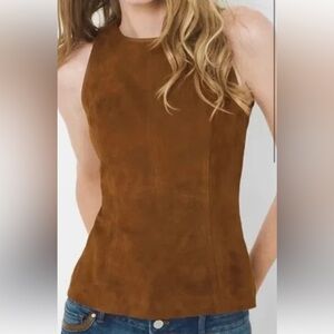 Ann Taylor SP Camel Brown Sleeveless Faux Suede Top Knit Back Structured EUC